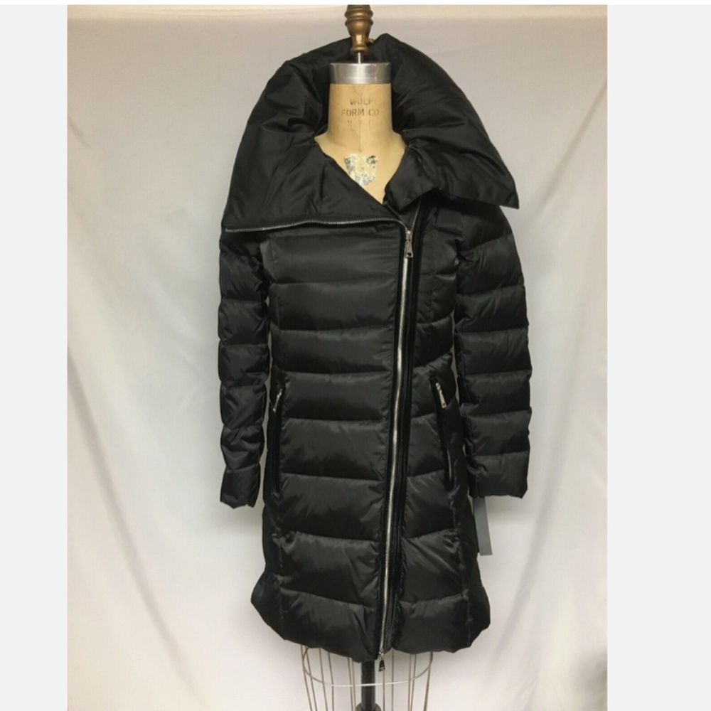 Tahari Brooklyn Hooded Asymmetrical Zip Down Puffer Coat 6821021Black NWT $350